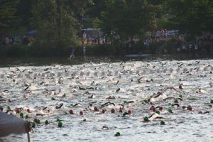 Mass Swim Start at Ironman Lake Placid 2012 - I'm the guy wearing the green swim cap.