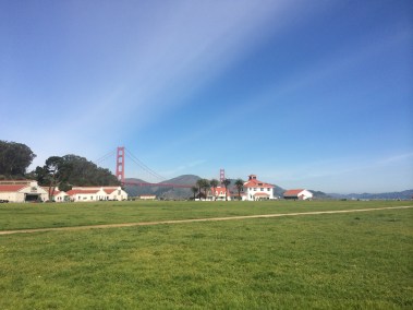 The warming hut and the Golden Gate at Chrissy FIeld.