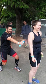 Jesse dousing me with suncreen before the race. No second degree burns this time!